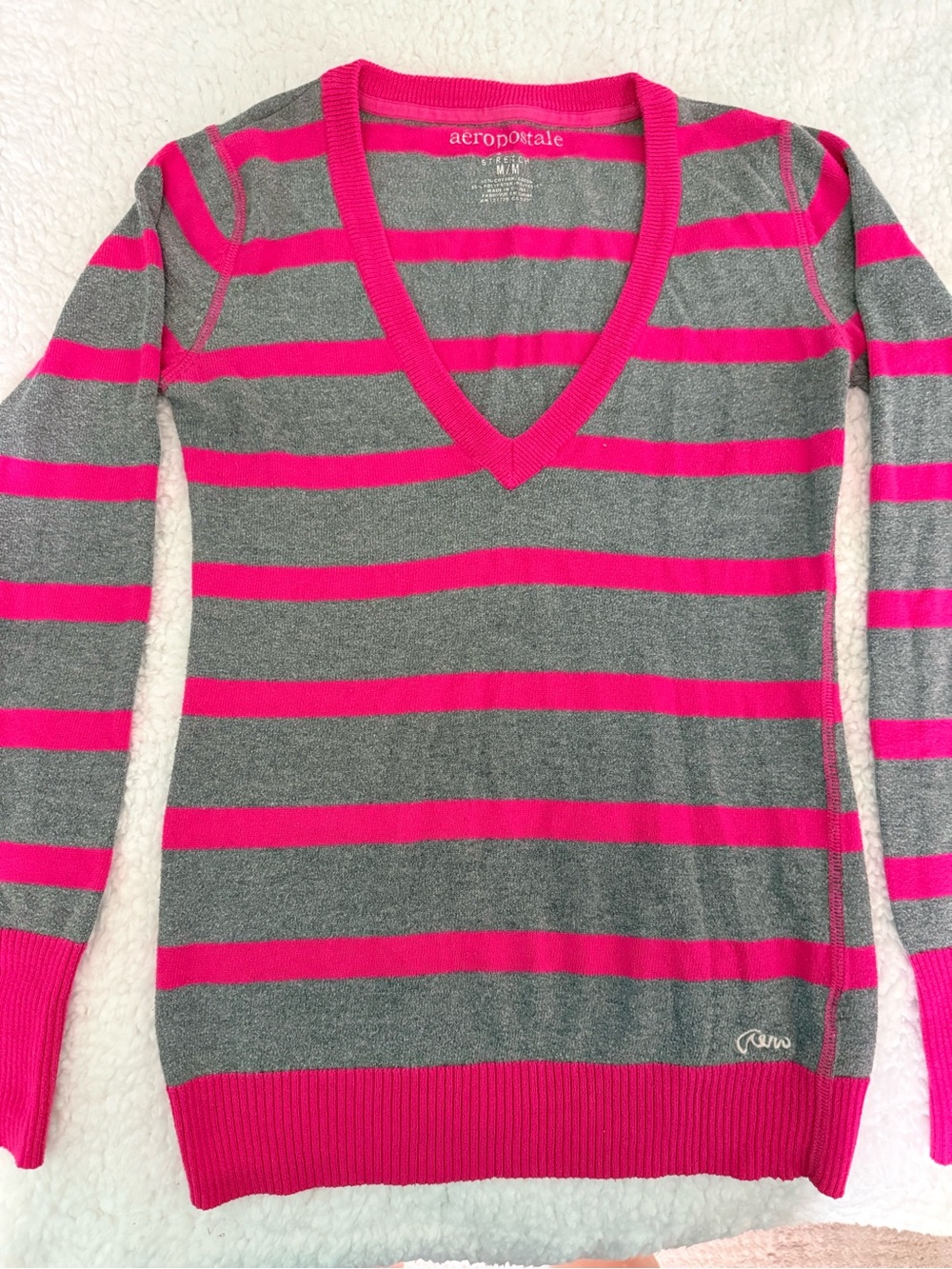Aeropostale Gray and Hot Pink Striped V-Neck Sweater